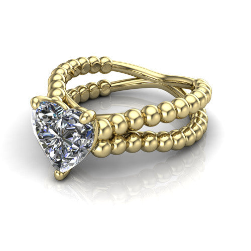 Parker heart classic engagement ring in 14K Yellow Gold, three-quarter perspective showing the heart center diamond in a four-prong head above a split beaded band