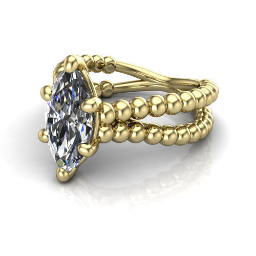 Parker marquise classic engagement ring in 14K Yellow Gold, three-quarter perspective showing the marquise center diamond in a four-prong head above a split beaded band