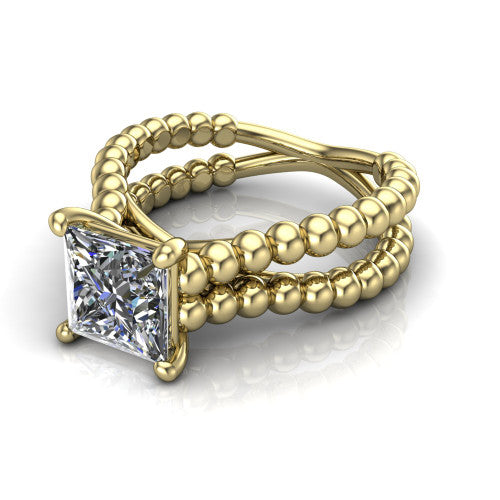 Parker princess-cut classic engagement ring in 18K Yellow Gold, three-quarter perspective showing the princess-cut center diamond in a four-prong head above a split beaded band