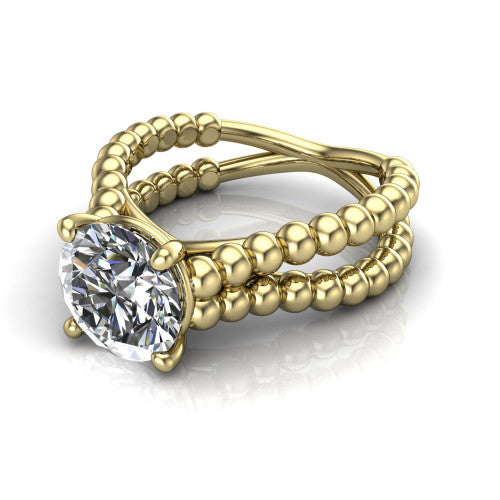 Parker round classic engagement ring in 18K Yellow Gold, three-quarter perspective showing the round center diamond in a four-prong head above a split beaded band