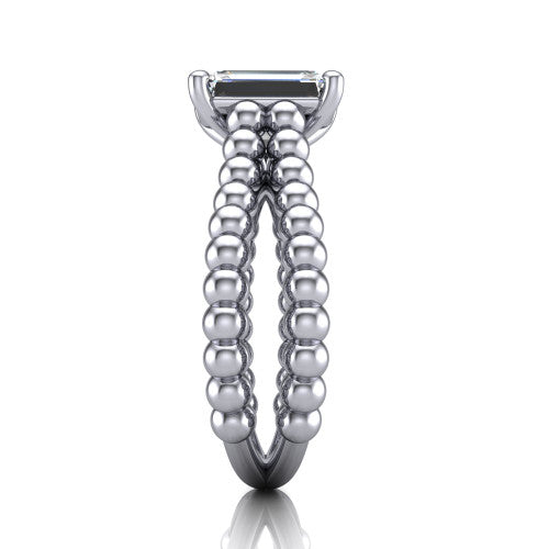Parker emerald-cut classic engagement ring in 18K White Gold, side profile showing the split beaded band in side view