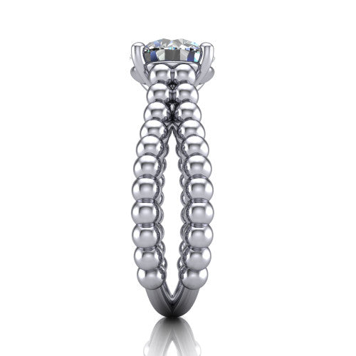 Parker round classic engagement ring in 14K White Gold, side profile showing the split beaded band in side view