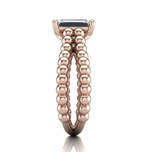 Parker emerald-cut classic engagement ring in 14K Rose Gold, side profile showing the split beaded band in side view