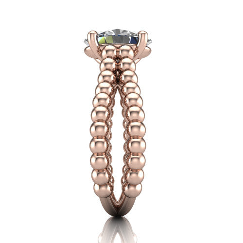 Parker oval classic engagement ring in 14K Rose Gold, side profile showing the split beaded band in side view