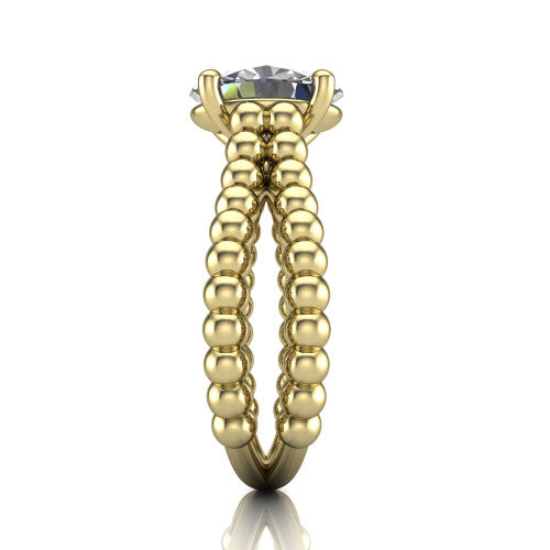Parker oval classic engagement ring in 14K Yellow Gold, side profile showing the split beaded band in side view