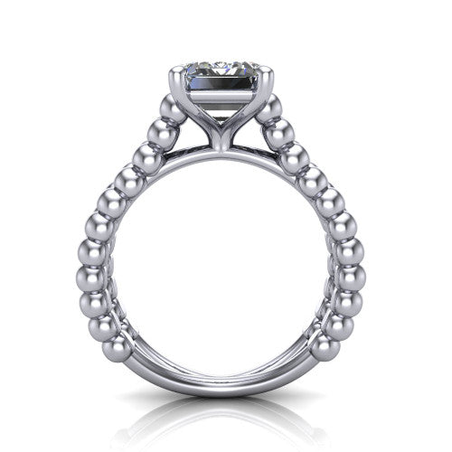 Parker emerald-cut classic engagement ring in 18K White Gold, through-finger front profile showing the four-prong head and beaded split band from the front