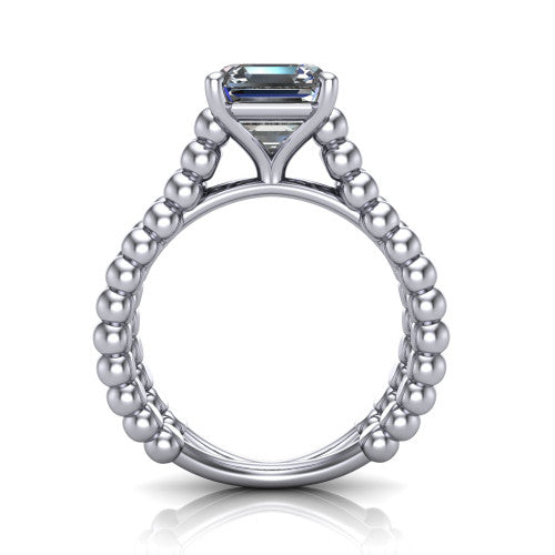 Parker square emerald-cut classic engagement ring in 14K White Gold, through-finger front profile showing the four-prong head and beaded split band from the front