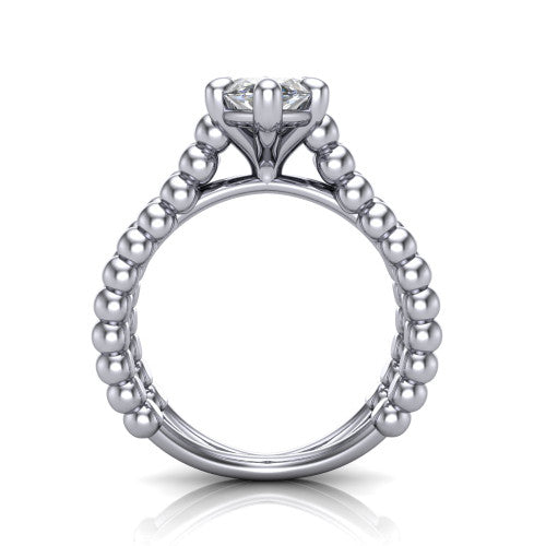 Parker marquise classic engagement ring in 14K White Gold, through-finger front profile showing the four-prong head and beaded split band from the front