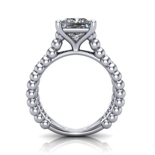 Parker princess-cut classic engagement ring in Platinum, through-finger front profile showing the four-prong head and beaded split band from the front