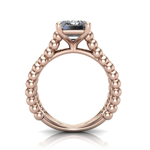 Parker emerald-cut classic engagement ring in 14K Rose Gold, through-finger front profile showing the four-prong head and beaded split band from the front