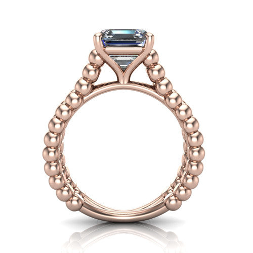 Parker square emerald-cut classic engagement ring in 18K Rose Gold, through-finger front profile showing the four-prong head and beaded split band from the front