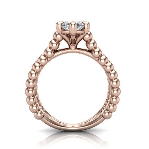 Parker marquise classic engagement ring in 18K Rose Gold, through-finger front profile showing the four-prong head and beaded split band from the front