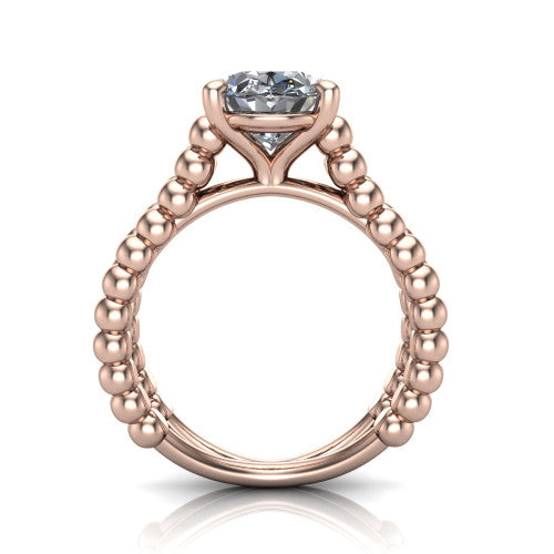 Parker oval classic engagement ring in 18K Rose Gold, through-finger front profile showing the four-prong head and beaded split band from the front