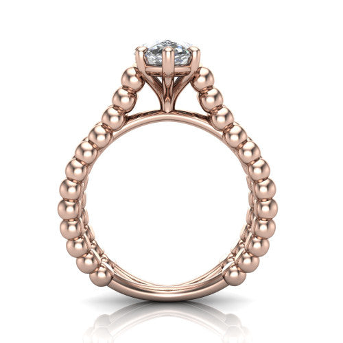 Parker pear classic engagement ring in 18K Rose Gold, through-finger front profile showing the four-prong head and beaded split band from the front