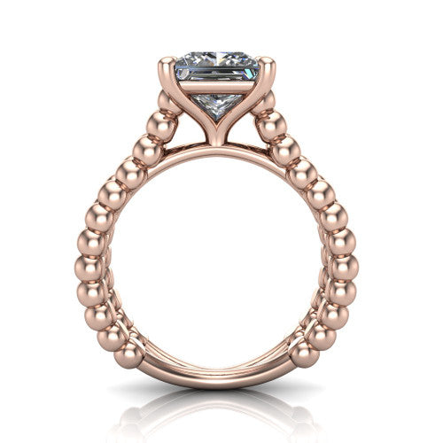 Parker princess-cut classic engagement ring in 18K Rose Gold, through-finger front profile showing the four-prong head and beaded split band from the front