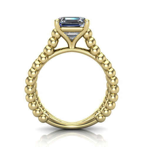Parker square emerald-cut classic engagement ring in 18K Yellow Gold, through-finger front profile showing the four-prong head and beaded split band from the front