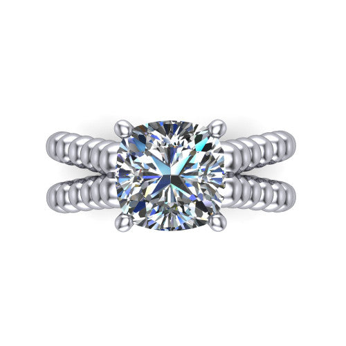Parker cushion classic engagement ring in Platinum, top-down view showing the cushion center diamond and beaded shoulders from above