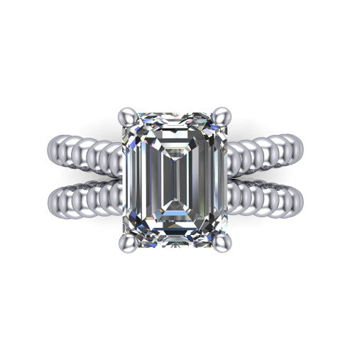 Parker emerald-cut classic engagement ring in Platinum, top-down view showing the emerald-cut center diamond and beaded shoulders from above