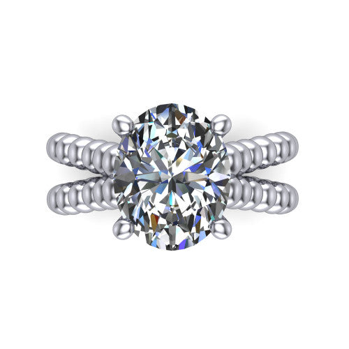Parker oval classic engagement ring in 18K White Gold, top-down view showing the oval center diamond and beaded shoulders from above