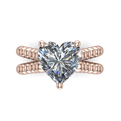Parker heart classic engagement ring in 18K Rose Gold, top-down view showing the heart center diamond and beaded shoulders from above