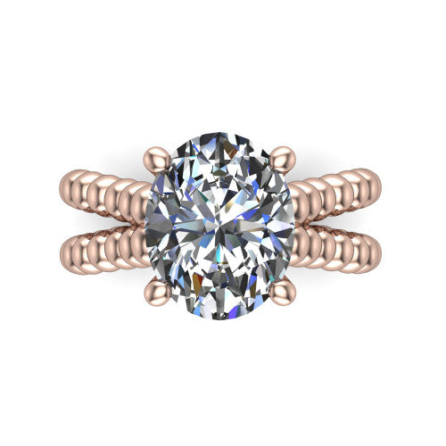 Parker oval classic engagement ring in 18K Rose Gold, top-down view showing the oval center diamond and beaded shoulders from above