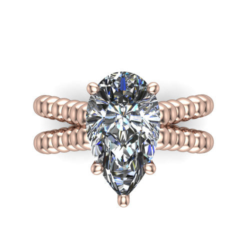 Parker pear classic engagement ring in 18K Rose Gold, top-down view showing the pear center diamond and beaded shoulders from above