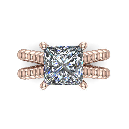 Parker princess-cut classic engagement ring in 18K Rose Gold, top-down view showing the princess-cut center diamond and beaded shoulders from above