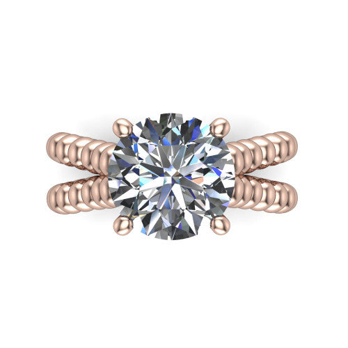 Parker round classic engagement ring in 18K Rose Gold, top-down view showing the round center diamond and beaded shoulders from above