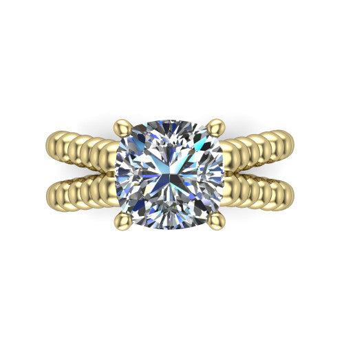 Parker cushion classic engagement ring in 18K Yellow Gold, top-down view showing the cushion center diamond and beaded shoulders from above