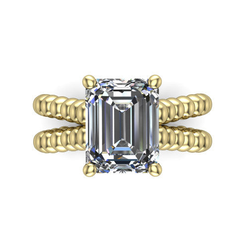 Parker emerald-cut classic engagement ring in 18K Yellow Gold, top-down view showing the emerald-cut center diamond and beaded shoulders from above