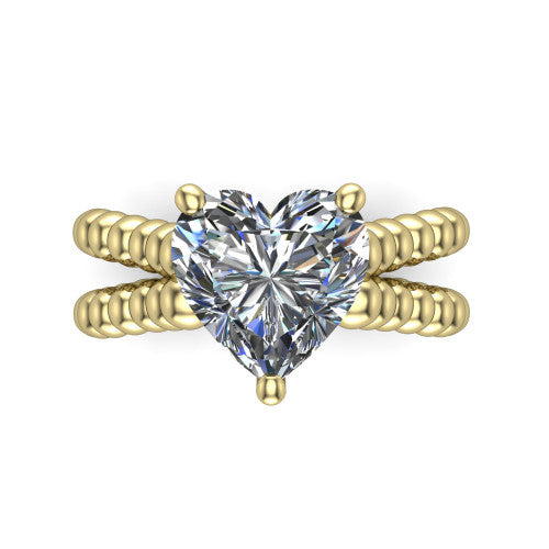 Parker heart classic engagement ring in 18K Yellow Gold, top-down view showing the heart center diamond and beaded shoulders from above