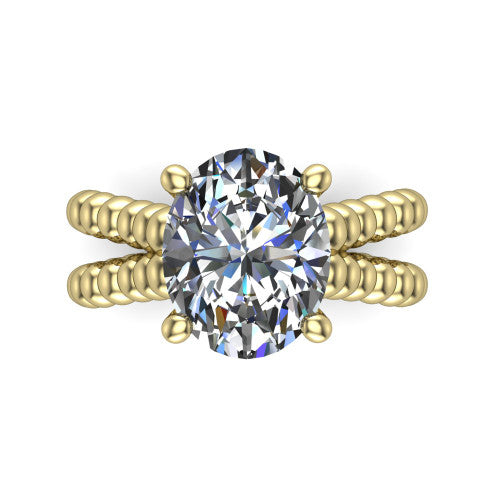 Parker oval classic engagement ring in 14K Yellow Gold, top-down view showing the oval center diamond and beaded shoulders from above