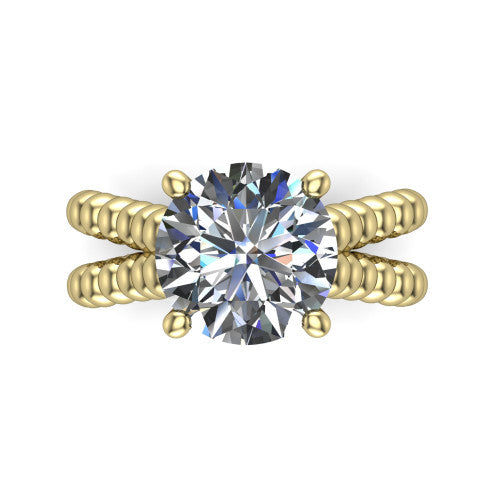 Parker round classic engagement ring in 14K Yellow Gold, top-down view showing the round center diamond and beaded shoulders from above