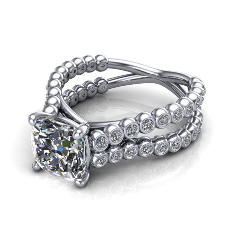 Magnolia cushion classic engagement ring in 14K White Gold, three-quarter perspective showing the cushion center diamond in a four-prong head above a split bezel-set diamond band