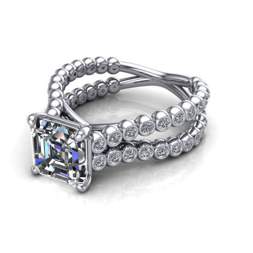 Magnolia square emerald-cut classic engagement ring in Platinum, three-quarter perspective showing the square emerald-cut center diamond in a four-prong head above a split bezel-set diamond band