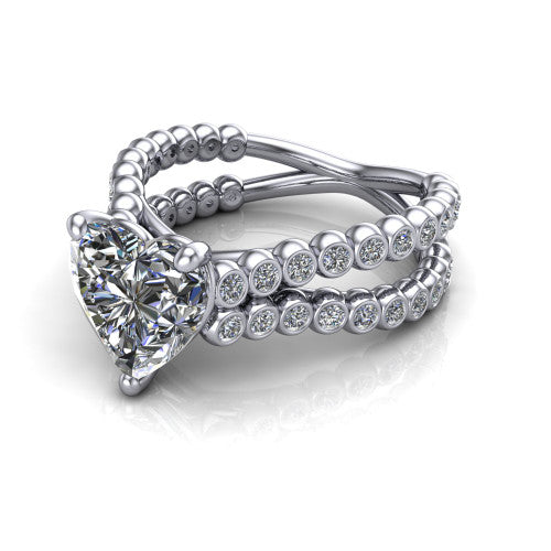 Magnolia heart classic engagement ring in 14K White Gold, three-quarter perspective showing the heart center diamond in a four-prong head above a split bezel-set diamond band