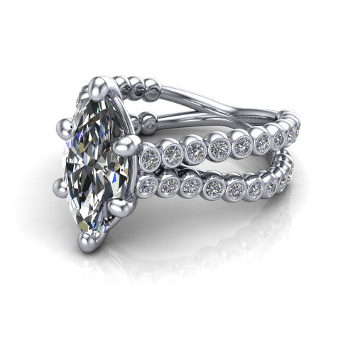 Magnolia marquise classic engagement ring in 18K White Gold, three-quarter perspective showing the marquise center diamond in a four-prong head above a split bezel-set diamond band
