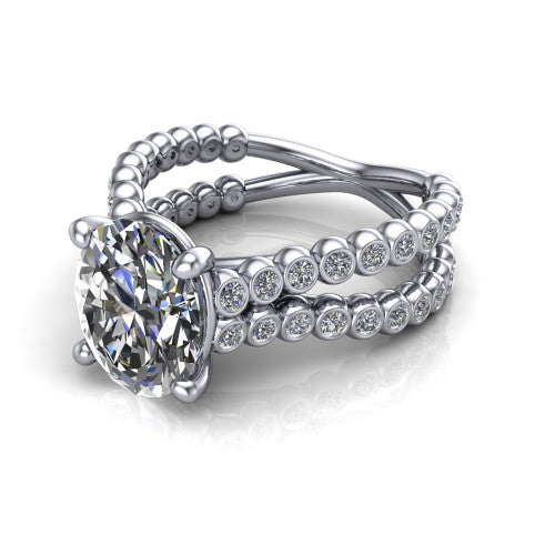 Magnolia oval classic engagement ring in 18K White Gold, three-quarter perspective showing the oval center diamond in a four-prong head above a split bezel-set diamond band