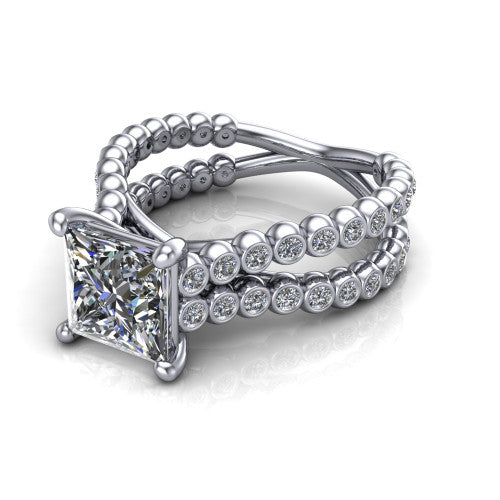 Magnolia princess-cut classic engagement ring in 14K White Gold, three-quarter perspective showing the princess-cut center diamond in a four-prong head above a split bezel-set diamond band