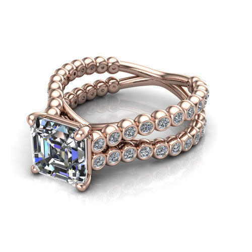 Magnolia square emerald-cut classic engagement ring in 14K Rose Gold, three-quarter perspective showing the square emerald-cut center diamond in a four-prong head above a split bezel-set diamond band