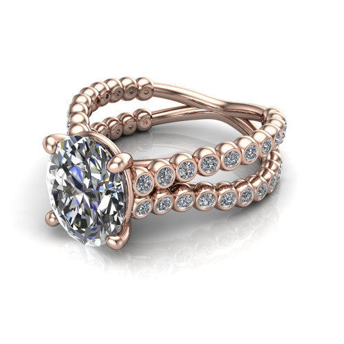 Magnolia oval classic engagement ring in 18K Rose Gold, three-quarter perspective showing the oval center diamond in a four-prong head above a split bezel-set diamond band