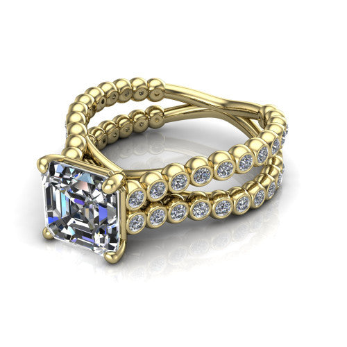 Magnolia square emerald-cut classic engagement ring in 18K Yellow Gold, three-quarter perspective showing the square emerald-cut center diamond in a four-prong head above a split bezel-set diamond band