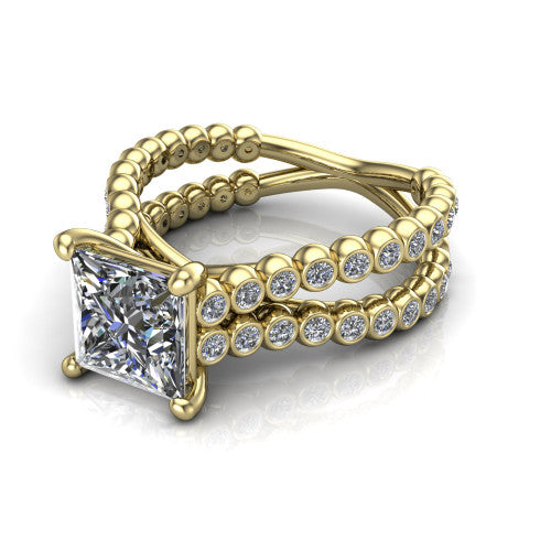 Magnolia princess-cut classic engagement ring in 14K Yellow Gold, three-quarter perspective showing the princess-cut center diamond in a four-prong head above a split bezel-set diamond band