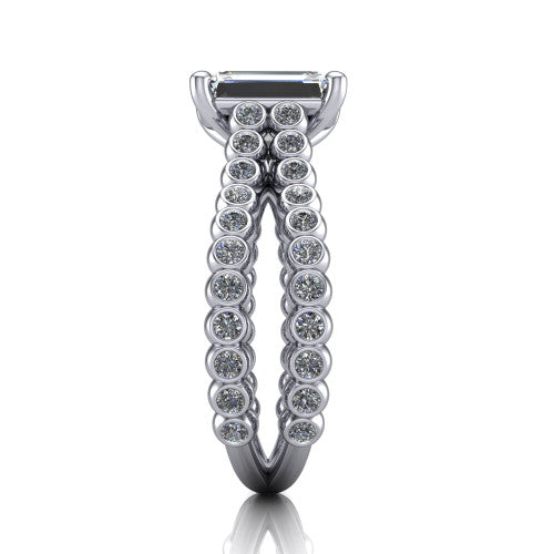Magnolia emerald-cut classic engagement ring in Platinum, side profile showing the split bezel-set diamond band in side view