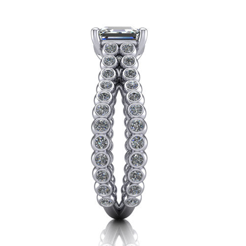 Magnolia square emerald-cut classic engagement ring in 14K White Gold, side profile showing the split bezel-set diamond band in side view