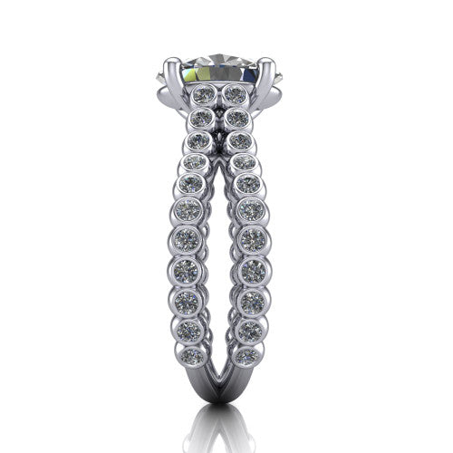 Magnolia oval classic engagement ring in Platinum, side profile showing the split bezel-set diamond band in side view