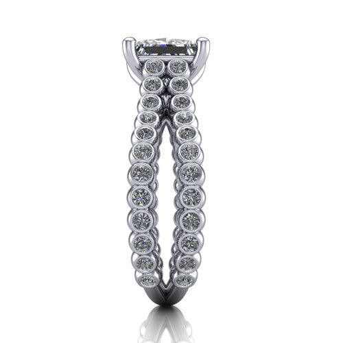 Magnolia princess-cut classic engagement ring in Platinum, side profile showing the split bezel-set diamond band in side view