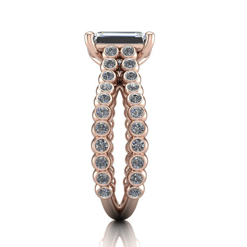 Magnolia emerald-cut classic engagement ring in 14K Rose Gold, side profile showing the split bezel-set diamond band in side view