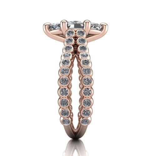 Magnolia marquise classic engagement ring in 18K Rose Gold, side profile showing the split bezel-set diamond band in side view