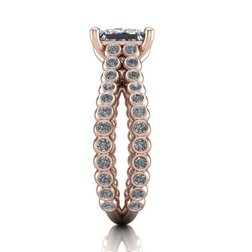 Magnolia princess-cut classic engagement ring in 14K Rose Gold, side profile showing the split bezel-set diamond band in side view